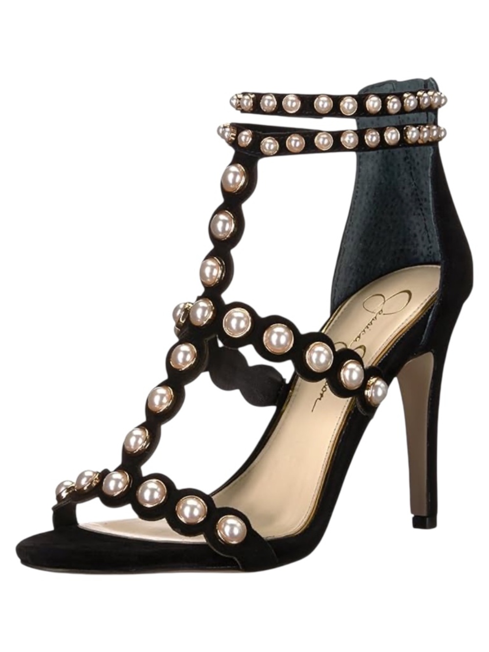 Suede Pearl Embellished Heeled Sandals 8 Black Strappy Stiletto Heels Scalloped